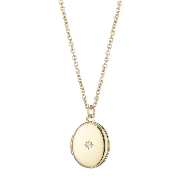 14k Gold Plated Oval Locket with CZ Starburst Necklace