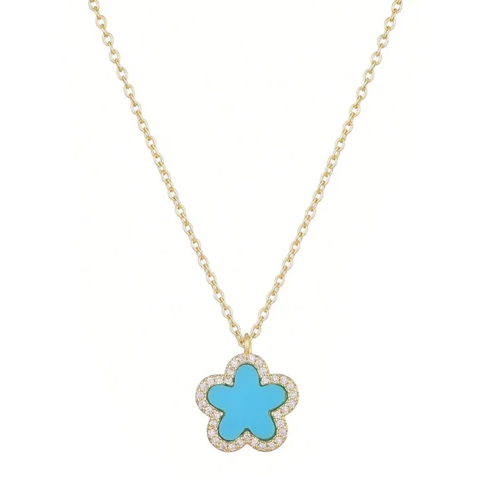 14k Gold Plated Turquoise CZ Halo 5-Leaf Clover Necklace