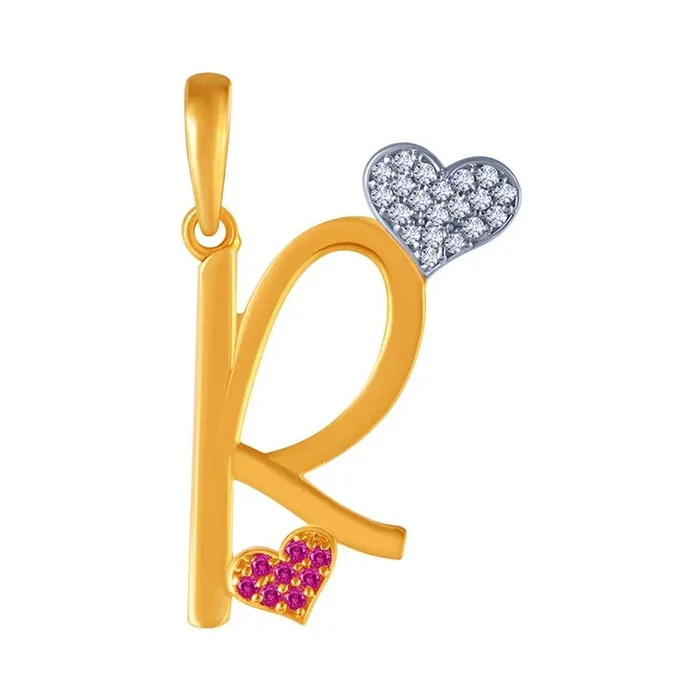 14k Gold R Initials Pink And Yellow Studded Pendant