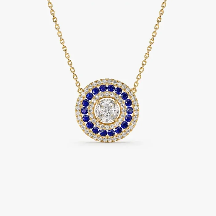 14K Gold Round Diamond Sapphire Necklace