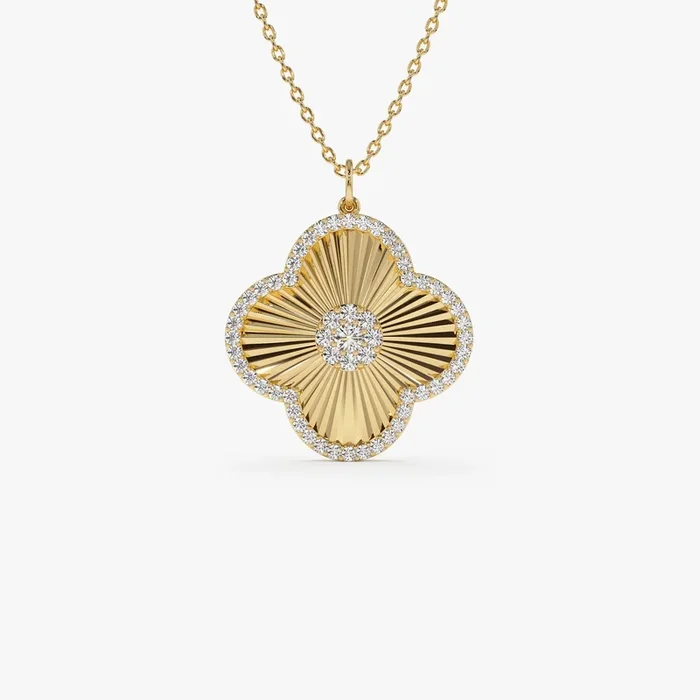 14K Gold Textured Diamond Clover Charm Pendant
