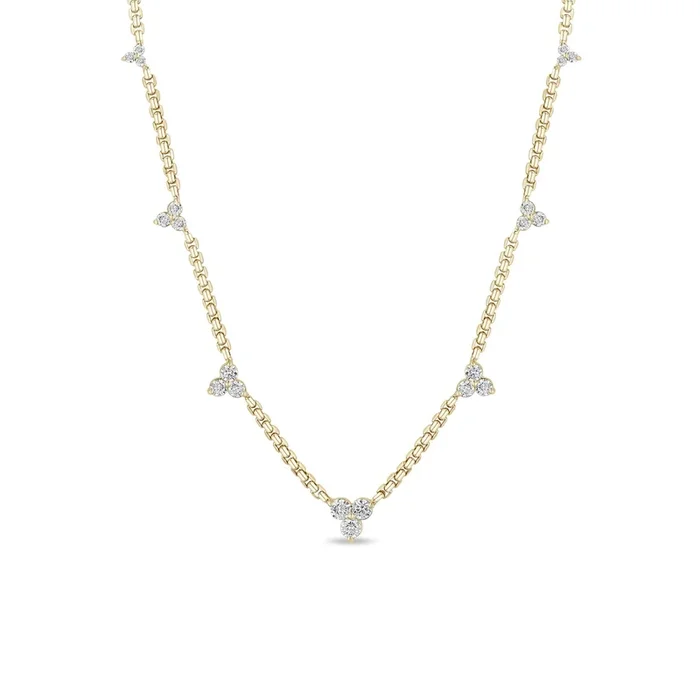 14k Graduated Prong Diamond Trio Station Small Box Chain Necklace