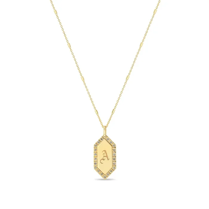 14k Initial Elongated Hexagon Diamond Border Tag Necklace