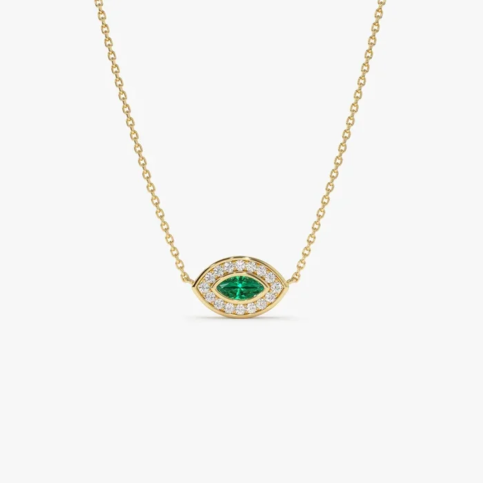 14k Marquise Emerald Diamond Halo Necklace