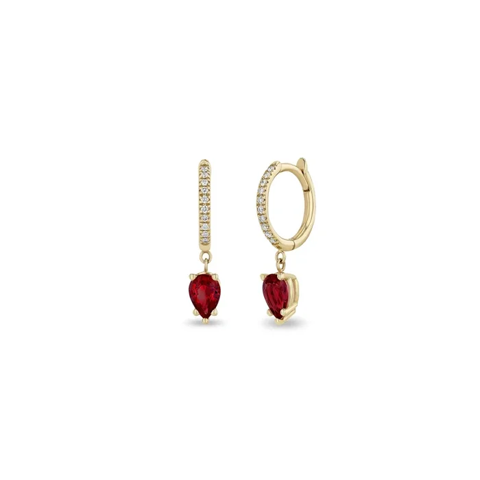 14k Medium Pavé Diamond Hinge Huggie Hoops with Pear Rubies