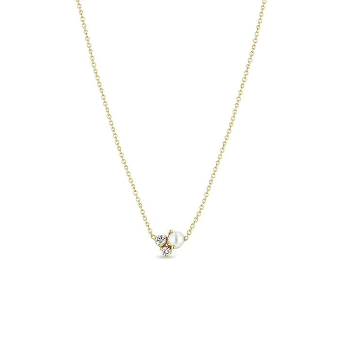 14k Mixed Prong Diamond & Pearl Cluster Necklace