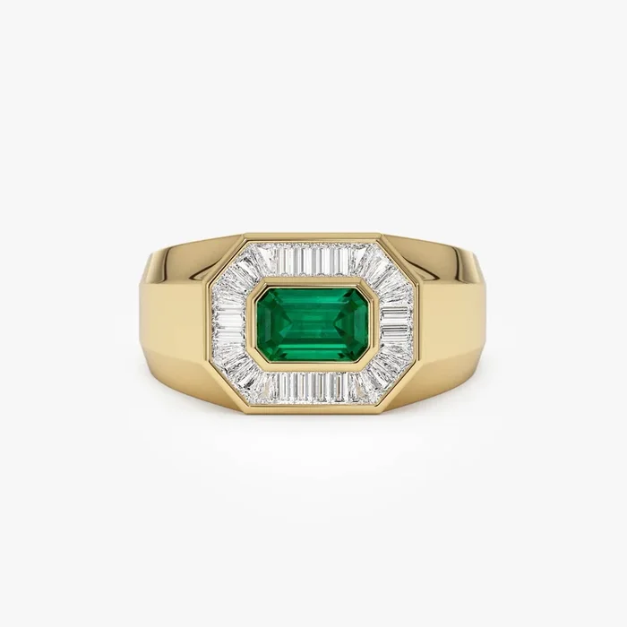 14k Octagon Shape Baguette Diamond Emerald Ring