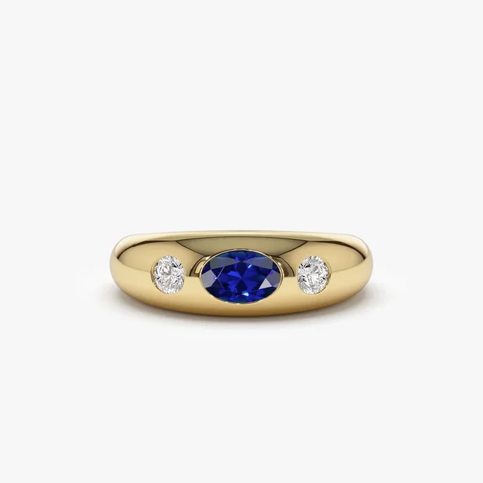 14k Oval Blue Sapphire with Round Diamonds Dome Ring
