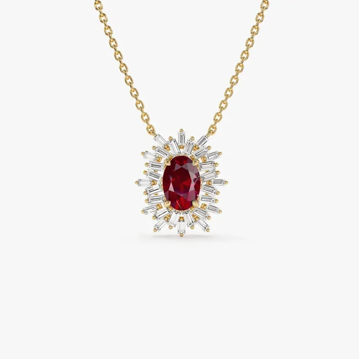 14k Oval Shape Ruby Necklace with Ballerina Baguettes