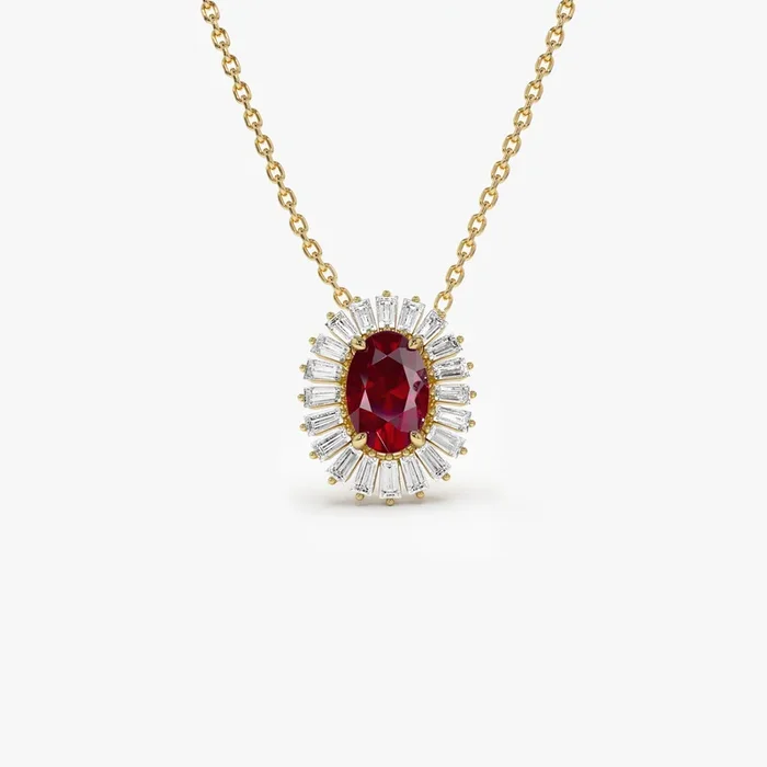 14k Oval Shape Ruby with Baguette Halo Setting Necklace