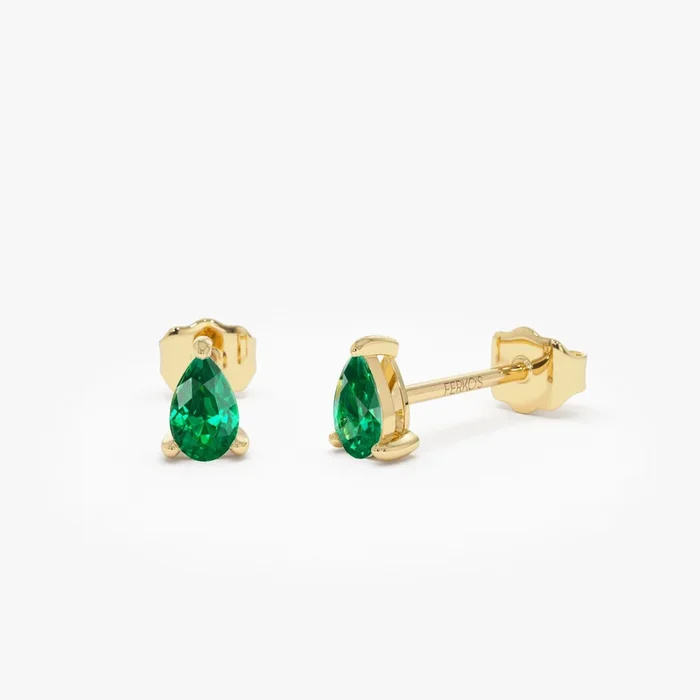 14K Pear Shaped Emerald Stud Earrings