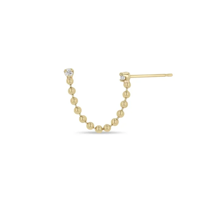 14k Prong Diamond Double Stud Bead Chain Earring