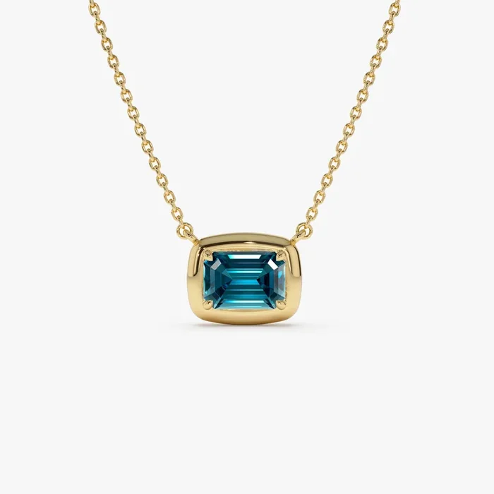 14K Prong Setting Emerald Cut London Blue Topaz Necklace