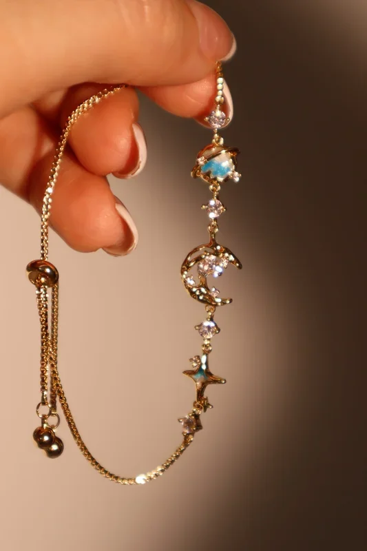 14K Real Gold Plated Blue Star Moon Bracelet