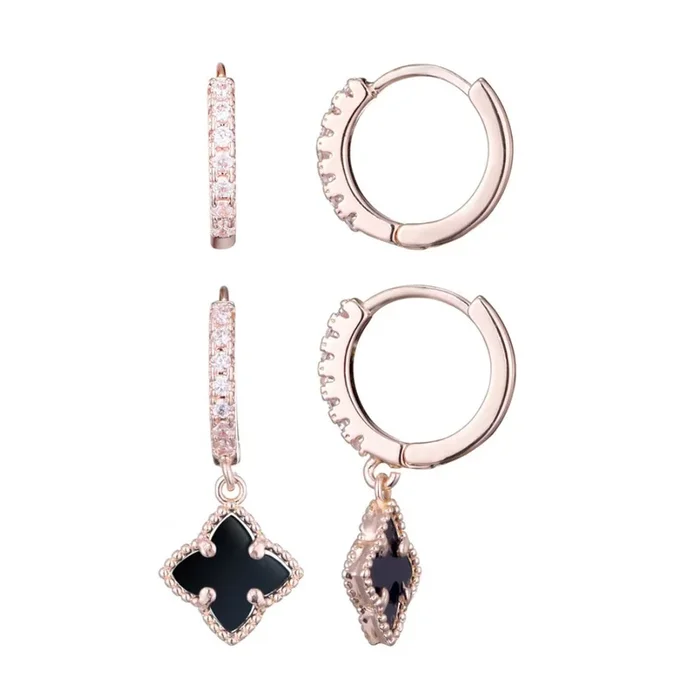 14k Rose Gold Plated Black Clover CZ Huggie Set