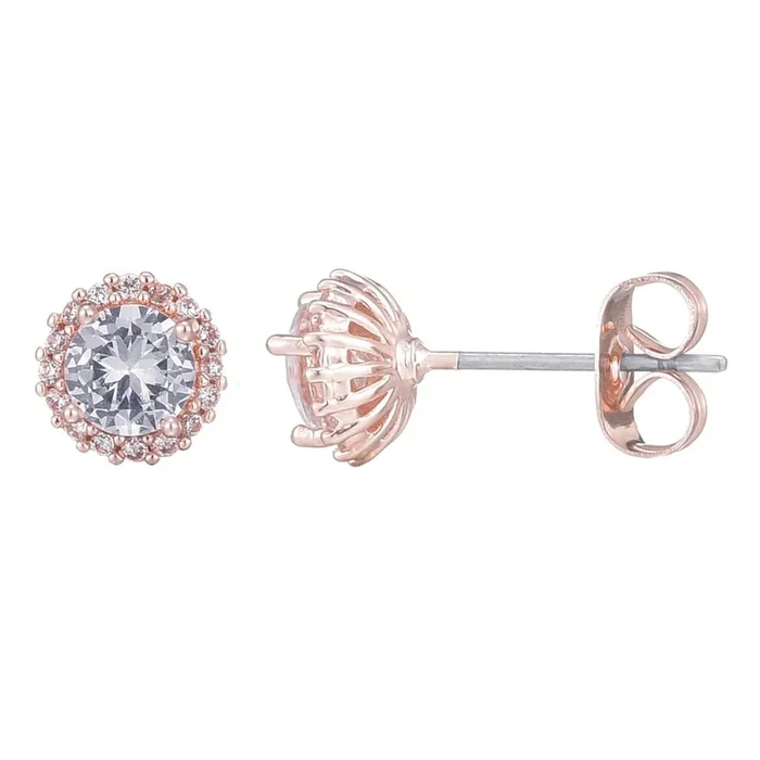 14k Rose Gold Plated Halo CZ Stud Earrings