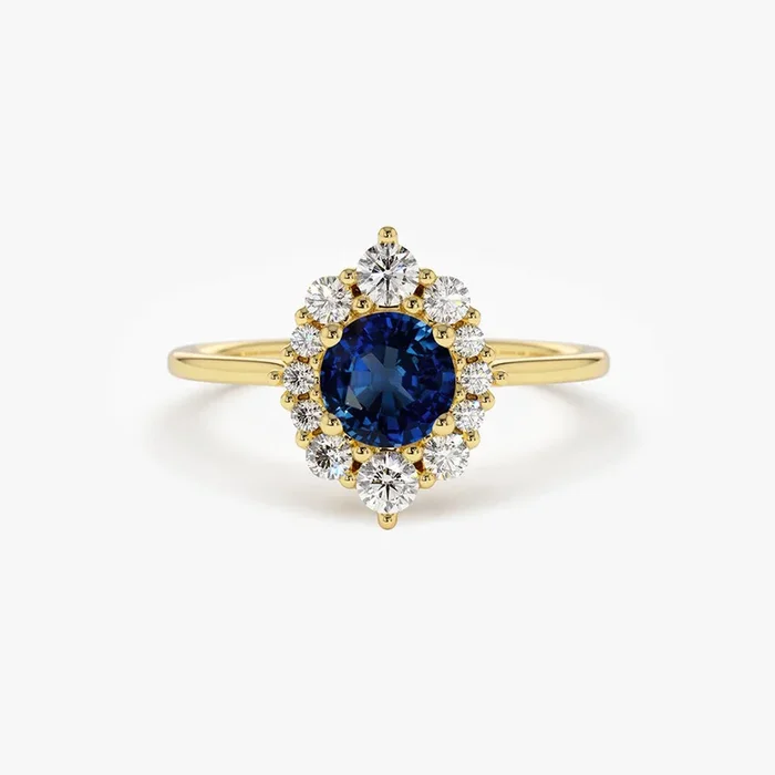 14k Round Sapphire Halo Diamond Engagement Ring