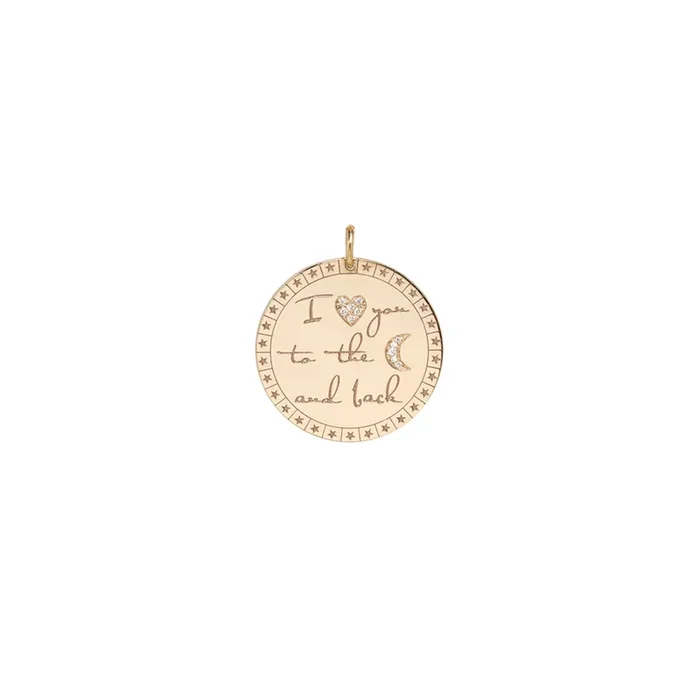 14k Single Large Pavé Diamond “I love you to the moon & back” Mantra Charm