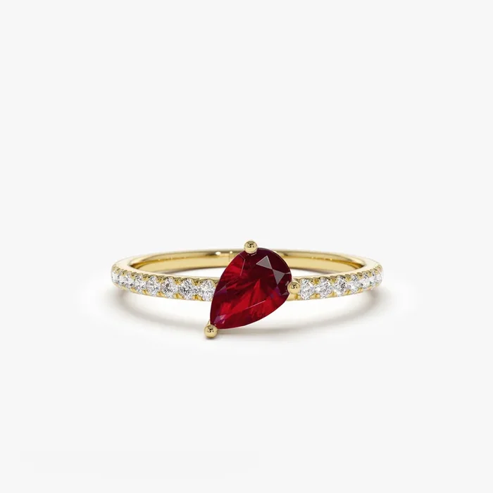 14k Slanted Pear Shape Ruby Ring with Pave Diamonds