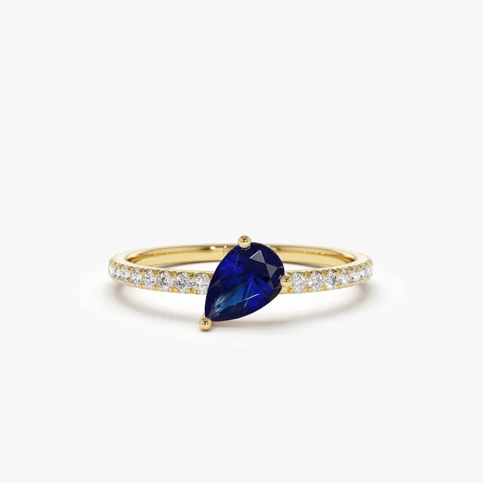 14k Slanted Pear Shape Sapphire Ring with Pave Diamonds