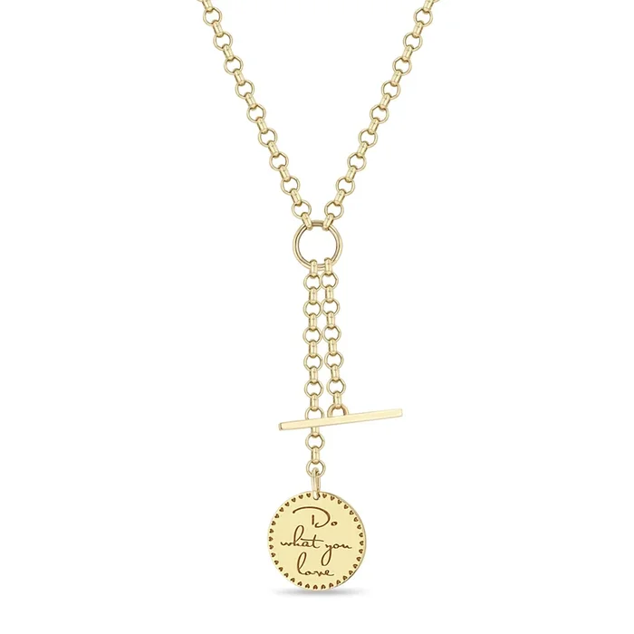 14k Small Mantra & Toggle Medium Rolo Chain Lariat Necklace