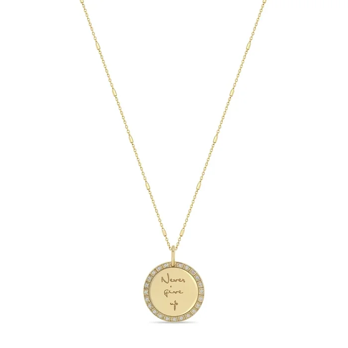 14k Small Mantra Diamond Border Necklace on Tiny Bar & Cable Chain
