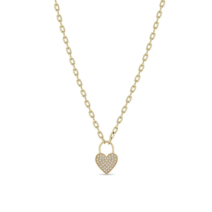 14k Small Oval Link Pavé Diamond Heart Padlock Necklace