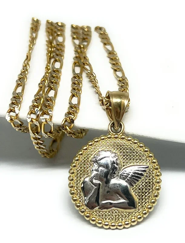 14k Solid Gold 2-Tone ANGEL MEDALLION Pendant Necklace