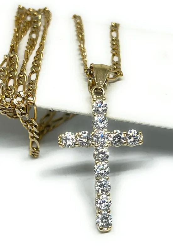 14k Solid Gold Classic Cross FULL CZ Pendant (SM, MED)