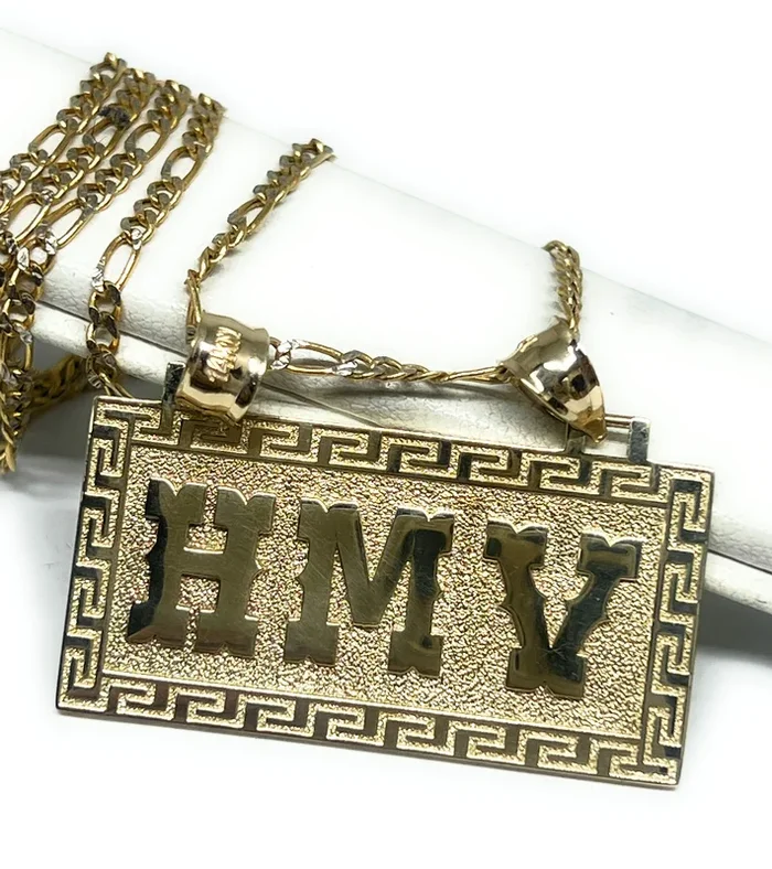 14k Solid Gold Custom RECTANGLE GREEK BORDER (MEANDROS) Nameplate Pendant (13g)