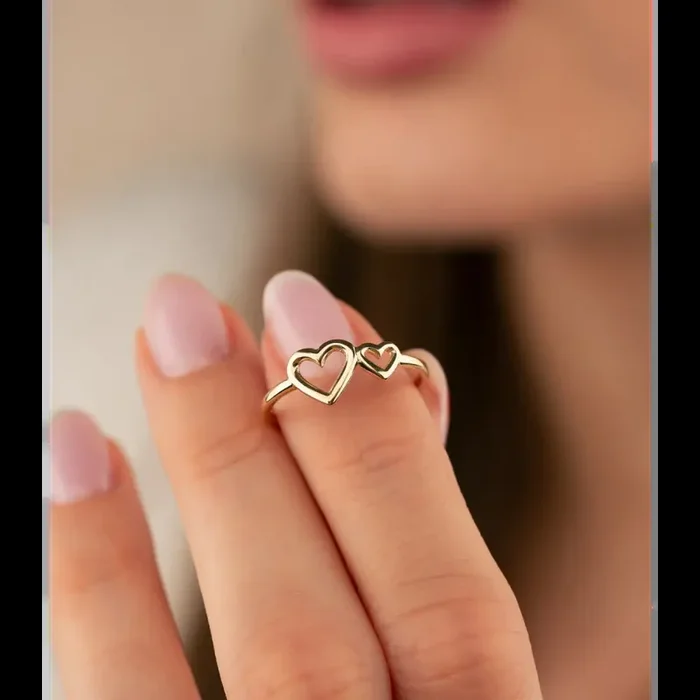 14K Solid Gold Double Heart Ring Present