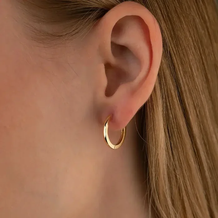14K Solid Gold Flat Edge Huggie Hoop Earrings | 10.8mm & 13.5mm Everyday Stacking Hoops for Women