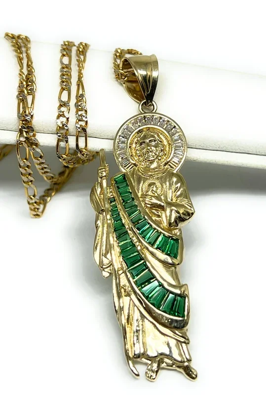 14k Solid Gold GREEN BAGUETTE CZ Saan Judas Saaint Jude Necklace Pendant (MED, LG)