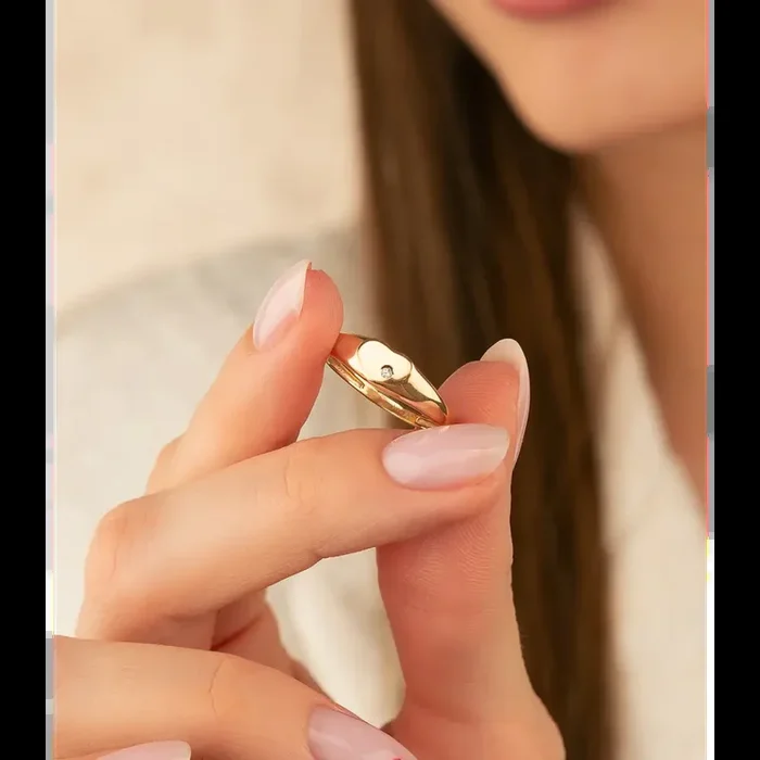 14K Solid Gold Heart Signet Ring Cubic Zirconia