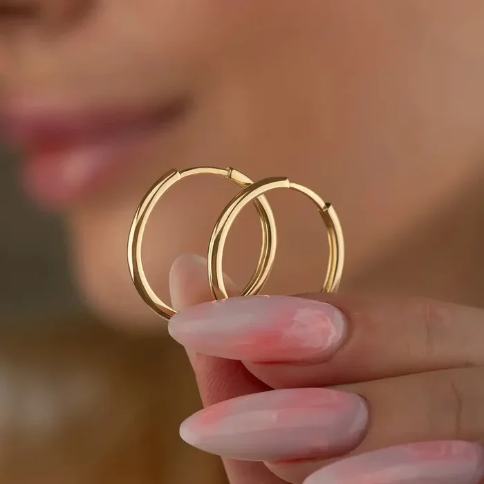 14K Solid Gold Hoop Huggie Earrings | 21mm Everyday Stacking Hoops for Women | Set of 2