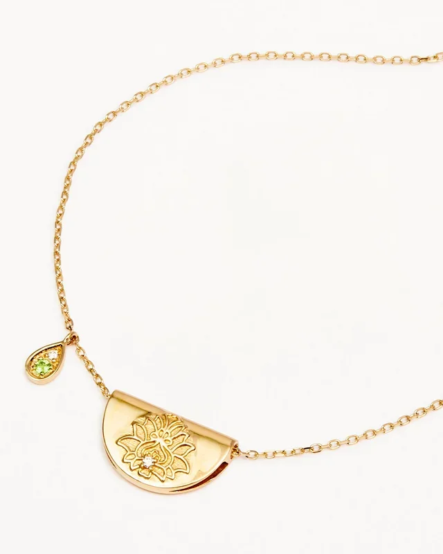 14k Solid Gold Lotus Birthstone Diamond Necklace – August – Peridot