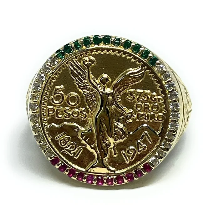 14k Solid Gold MEXICAN CENNTENARIO 50 COIN ROUND CZ Ring (7g~)
