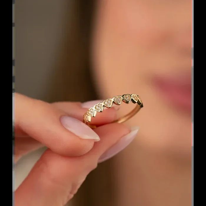 14K Solid Gold Multiple Heart CZ Stoned Ring