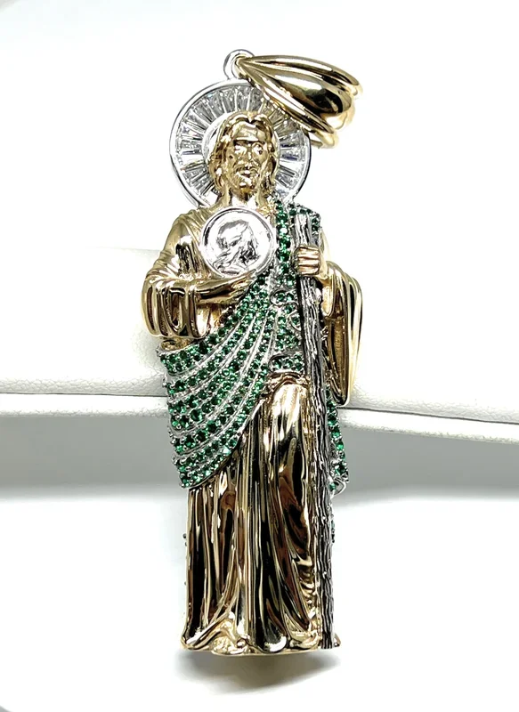 14k Solid Gold Saan Judas Saaint Jude 3D BIG XXL 3.5 INCH Pendant Green CZ FULL 3D Statue (FC) (35g)