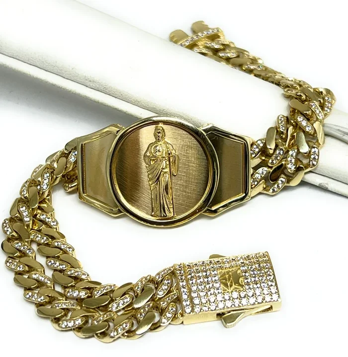 14k Solid Gold SAAN JUDAS SAAINT JUDE CZ Miami Cuban Link Brracelet 8.5 inch