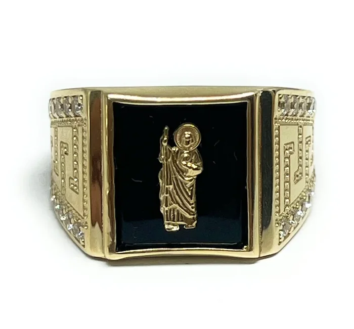 14k Solid Gold SAAN JUDAS SAAINT JUDE ONYX CZ GREEK BORDER Ring (8.9g)