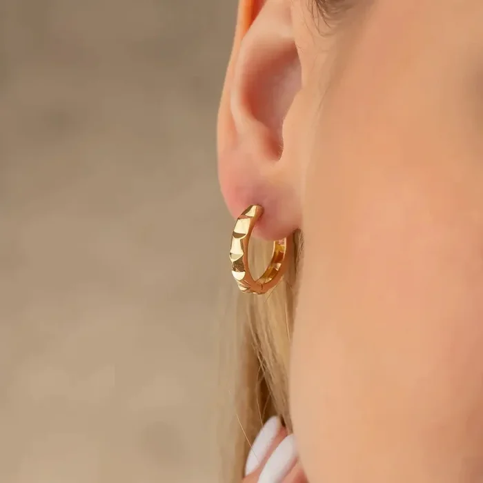 14K Solid Gold Textured Huggie Hoop Earrings | 11.8mm & 13.7mm Summer Jewelry Gift for Women
