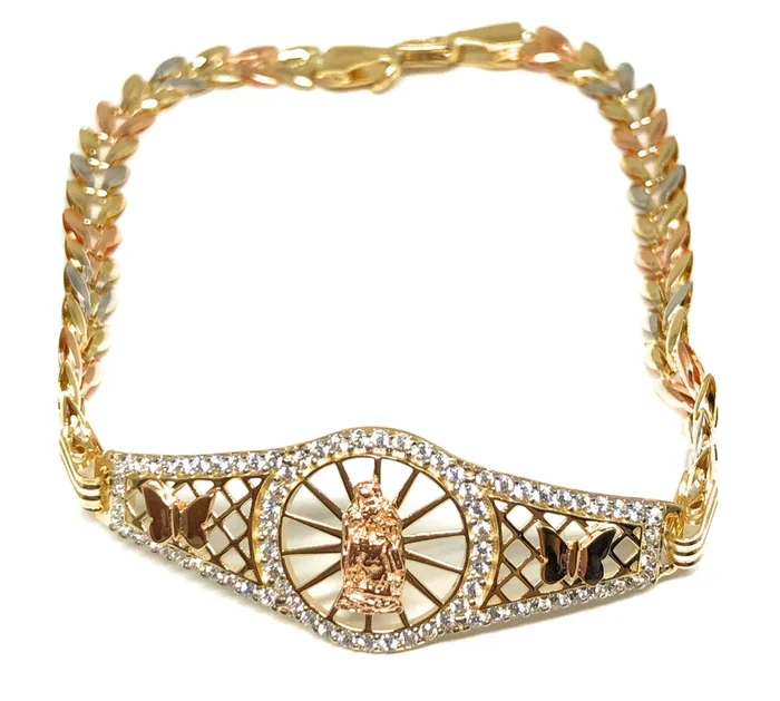 14k Solid Gold Tri-Color Butterfly Virrgin Mary Brracelet Cubic Zirconia 7.5 inch Virrgen Guadalupe