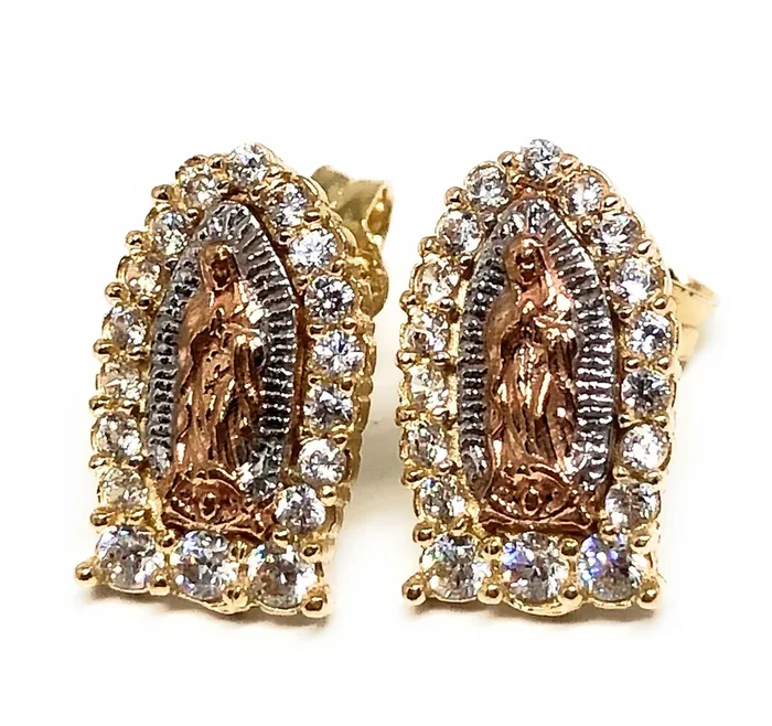 14k Solid Gold Tri-Color SMALL Virrgin Mary Earrings CZ