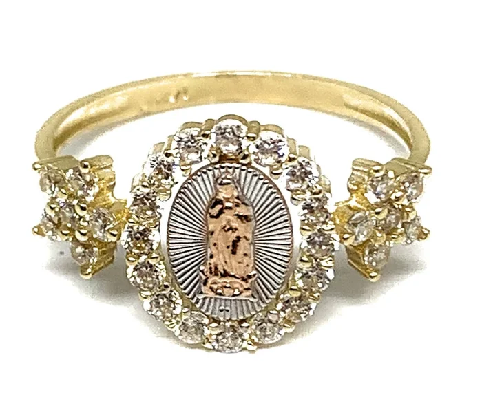 14k Solid Gold Tri-Color Virrgin Mary CZ Fancy Ring