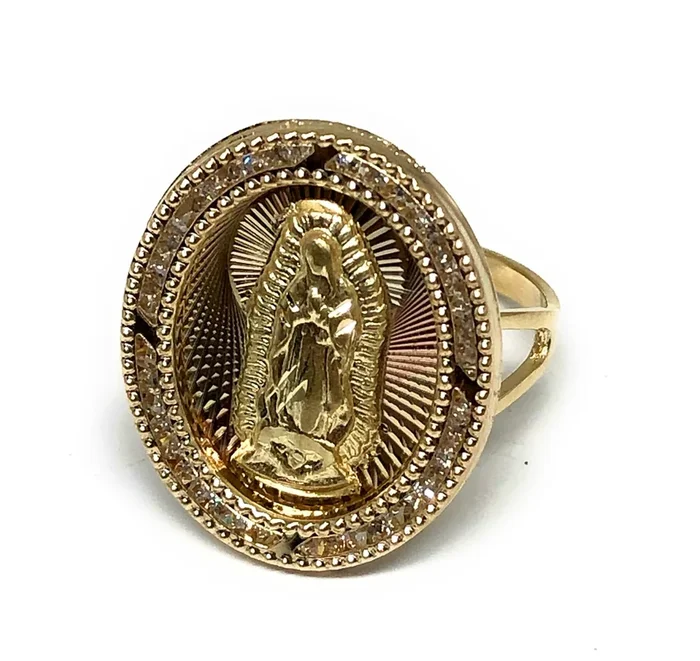 14k Solid Gold Tri-Color Virrgin Mary CZ Oval Ring