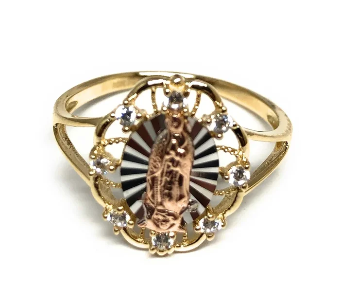 14k Solid Gold Tri-Color Virrgin Mary CZ Ring (FC 206)