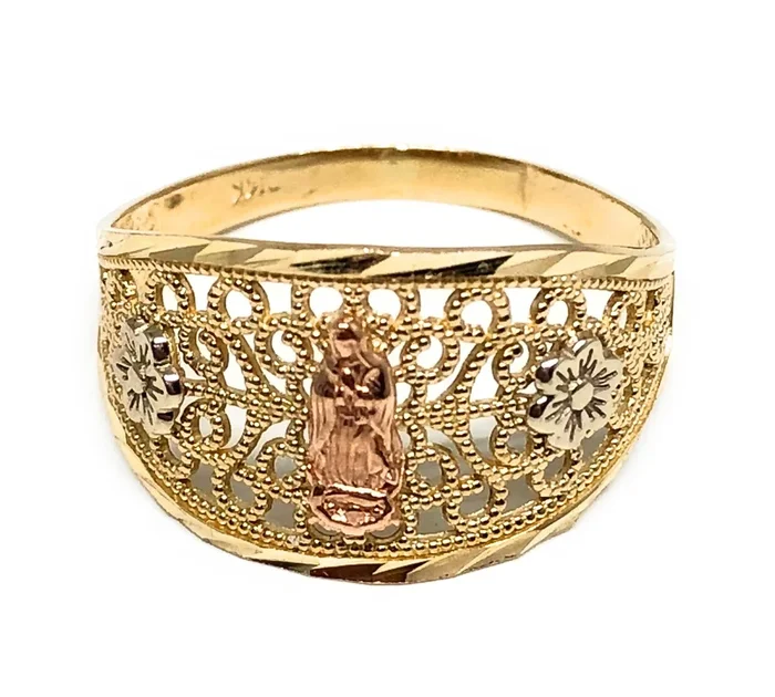 14k Solid Gold Tri-Color Virrgin Mary Filigran Flower Ring