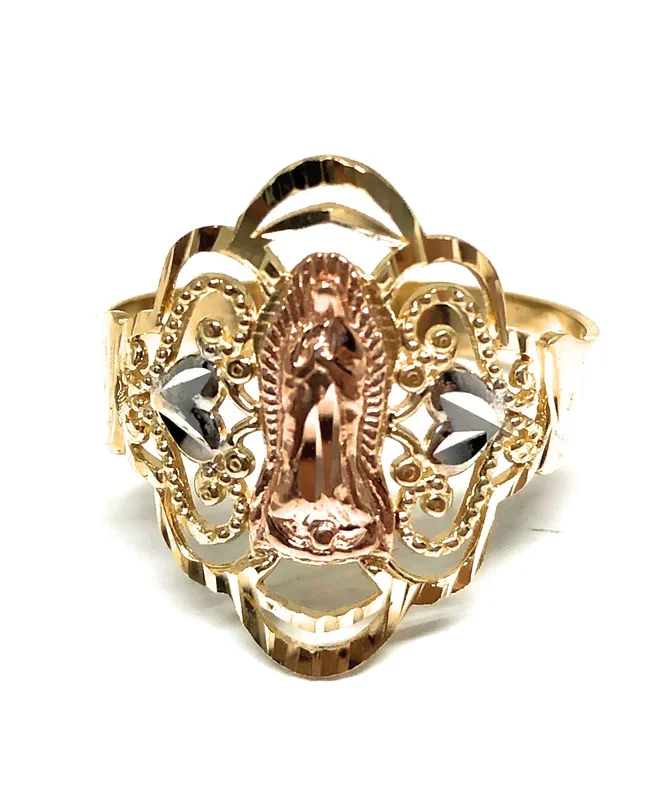14k Solid Gold Tri-Color Virrgin Mary Filigran Heart Ring