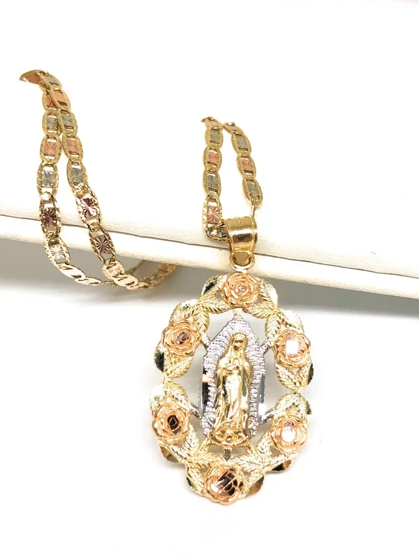 14k Solid Gold Tri-Color Virrgin Mary Flower Pendant Necklace Virrgen Gaudalupe Valentina Chain (MED)